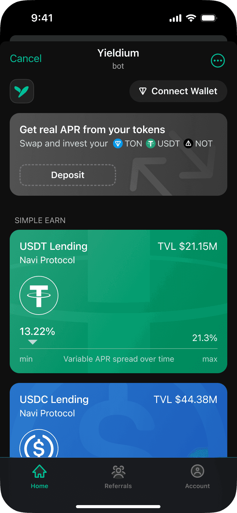 Yieldium Telegram app's landing screen