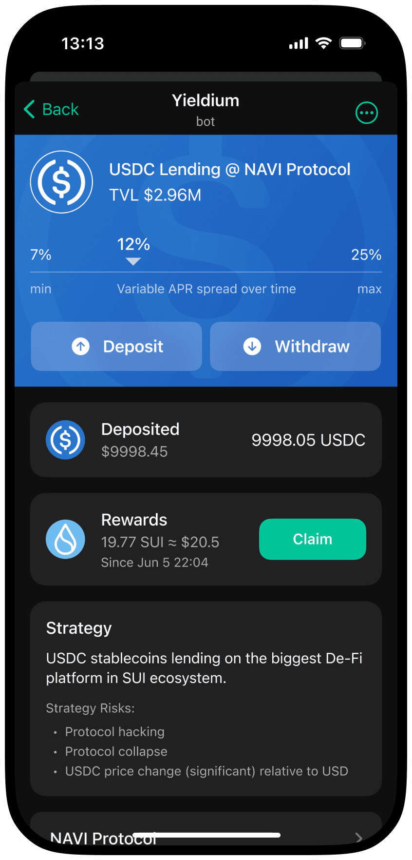 Yieldium telegram app's strategy screen